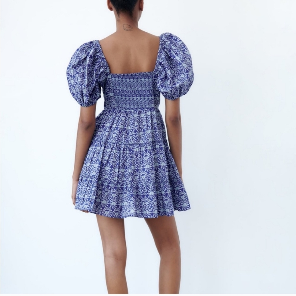 CUTE  Printed Dress Short Blue Balloon Sleeves - Picture 6 of 8